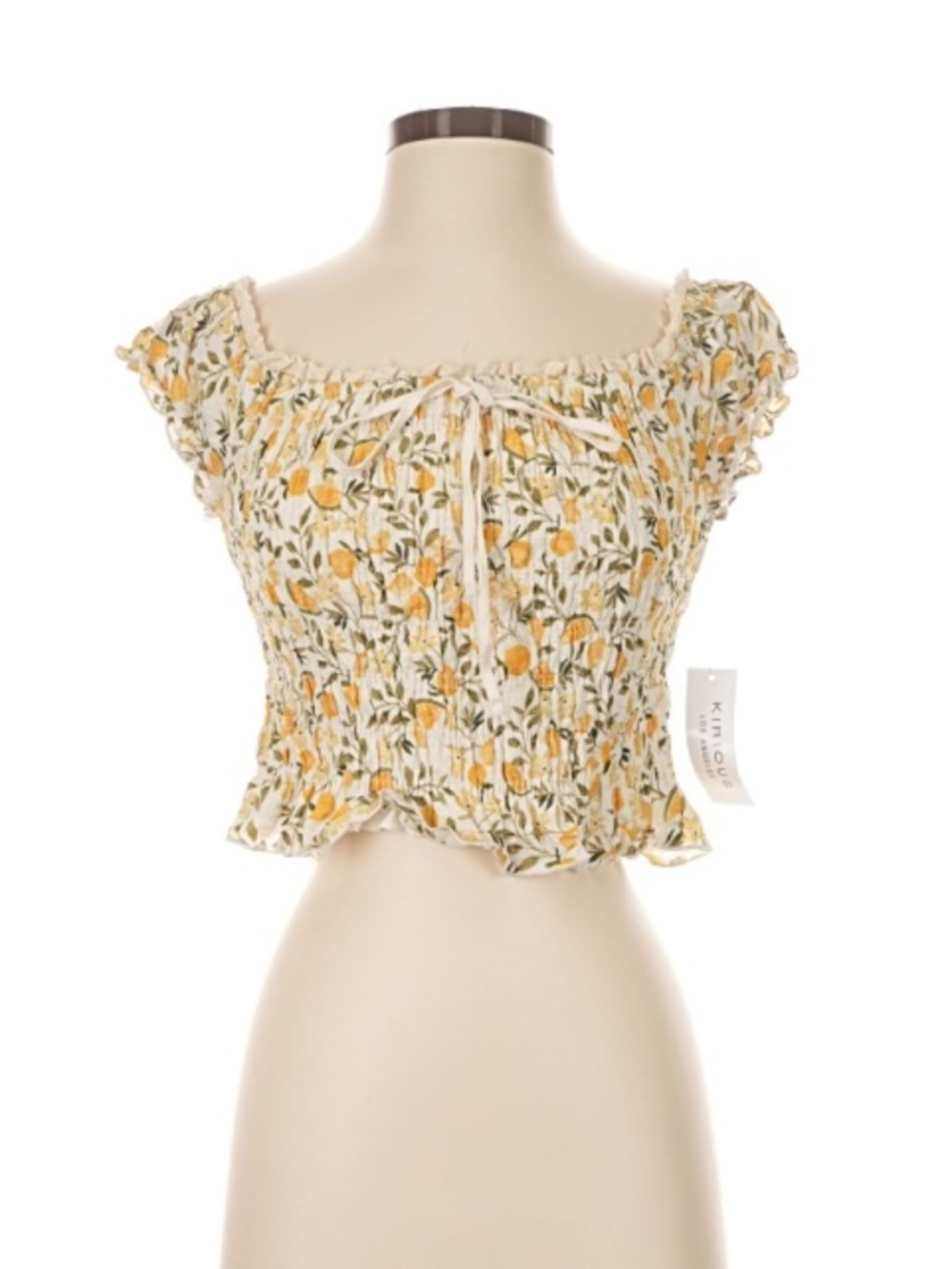 KINOUF Cream Floral Smocked Crop Top with Yellow Print